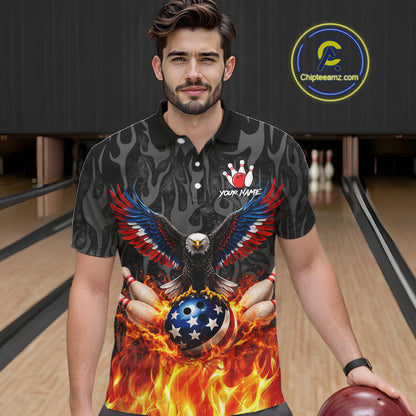 Black and Orange Flame American Flag Eagle Bowling Shirt For Men Custom Patriotic Bowling Team Jersey NQS11722
