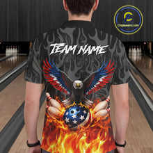 Load image into Gallery viewer, Black and Orange Flame American Flag Eagle Bowling Shirt For Men Custom Patriotic Bowling Team Jersey NQS11722
