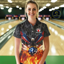 Load image into Gallery viewer, Black &amp; Orange Flame American Flag Eagle Bowling Shirt For Women Custom Patriotic Bowling Team Jersey NQS11722