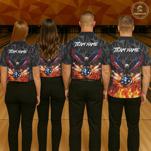 Load image into Gallery viewer, Black and Orange Flame American Flag Eagle Bowling Shirt For Men Custom Patriotic Bowling Team Jersey NQS11722