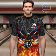 Load image into Gallery viewer, Black and Orange Flame American Flag Eagle Bowling Shirt For Men Custom Patriotic Bowling Team Jersey NQS11722
