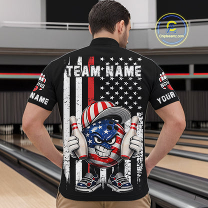 Black American Flag Funny Bowling Polo, 1/4 Zip Shirt For Men Custom Patriotic Bowling Team Jersey NQS11723