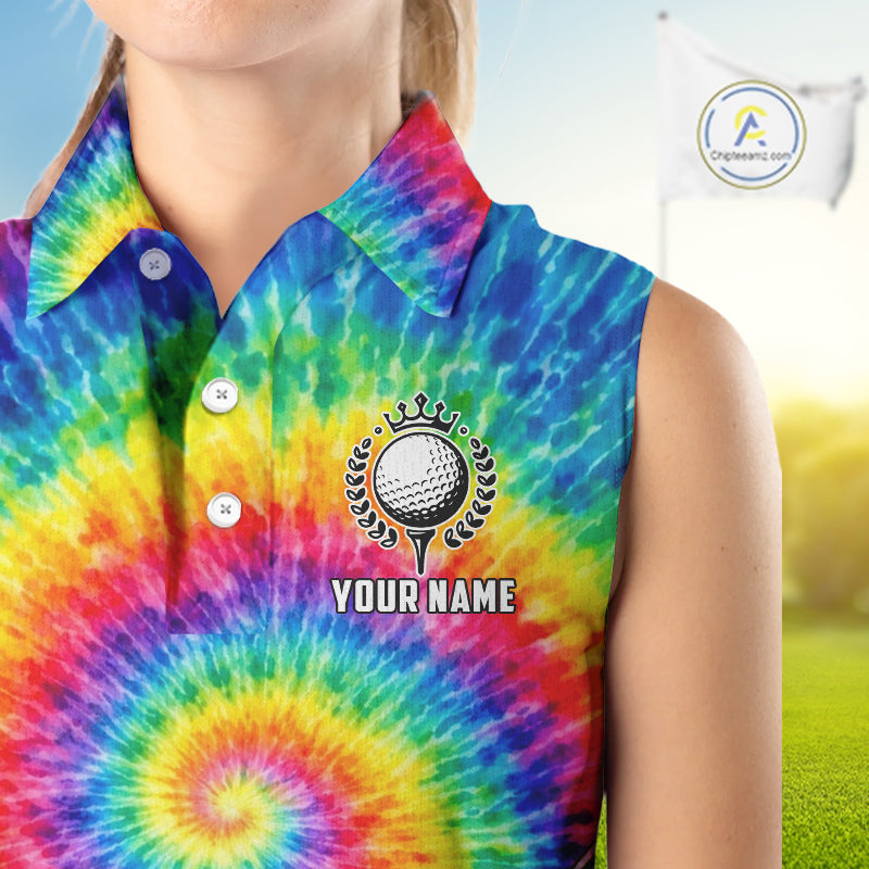 Colorful rainbow tie-dye Sleeveless golf polo shirt custom Ladies golf outfit, personalized golf gift NQS11724