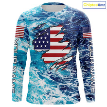 Load image into Gallery viewer, Blue sea wave ocean camo American flag patriot shirt Custom sun protection fishing long sleeve shirts NQS5429