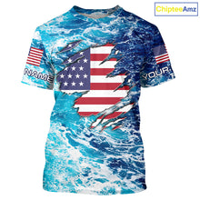 Load image into Gallery viewer, Blue sea wave ocean camo American flag patriot shirt Custom sun protection fishing long sleeve shirts NQS5429