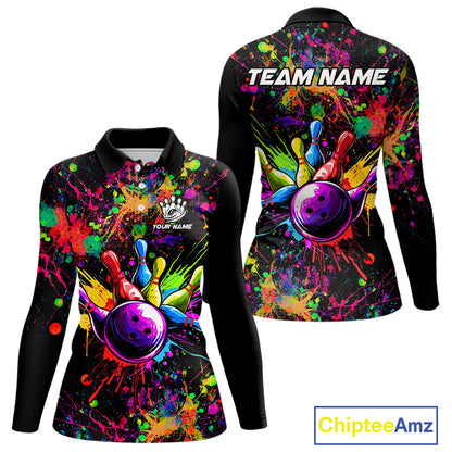 Colorful watercolor Bowling Polo, 1/4 Zip Shirt for Women Custom Bowling Team jersey for bowlers NQS10242