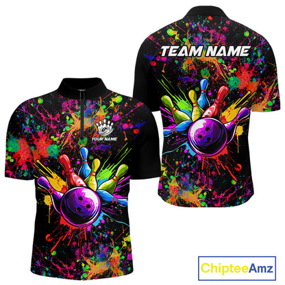 Colorful watercolor Bowling Polo, 1/4 Zip Shirt for mens Custom Bowling Team jersey for bowlers NQS10242