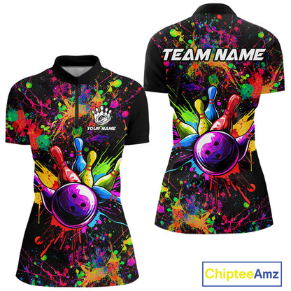 Colorful watercolor Bowling Polo, 1/4 Zip Shirt for Women Custom Bowling Team jersey for bowlers NQS10242