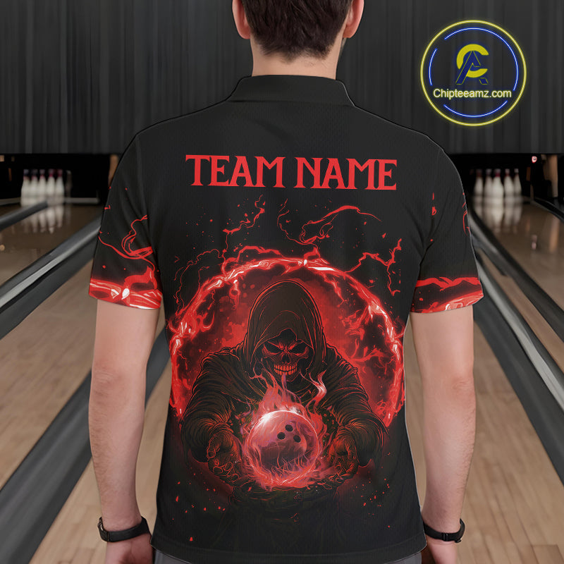 Mens bowling polo, 1/4 zip shirts Custom red flame skull bowling team jerseys, gift for Bowlers NQS10612