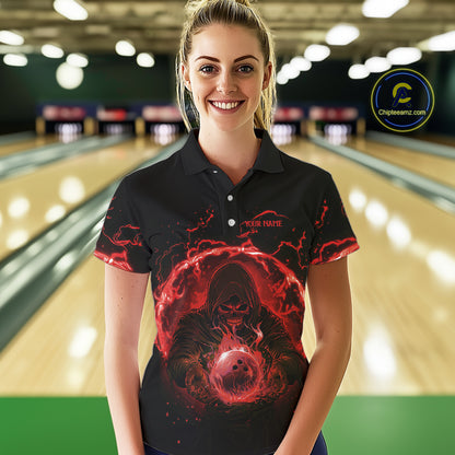 Women bowling polo, 1/4 zip shirts Custom red flame skull bowling team jerseys, gift for Bowlers NQS10612