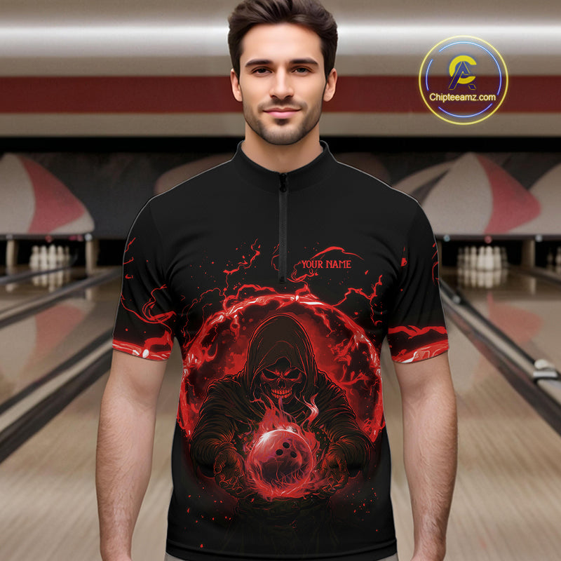 Mens bowling polo, 1/4 zip shirts Custom red flame skull bowling team jerseys, gift for Bowlers NQS10612