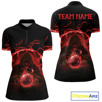 Women bowling polo, 1/4 zip shirts Custom red flame skull bowling team jerseys, gift for Bowlers NQS10612
