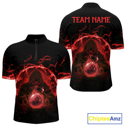 Mens bowling polo, 1/4 zip shirts Custom red flame skull bowling team jerseys, gift for Bowlers NQS10612