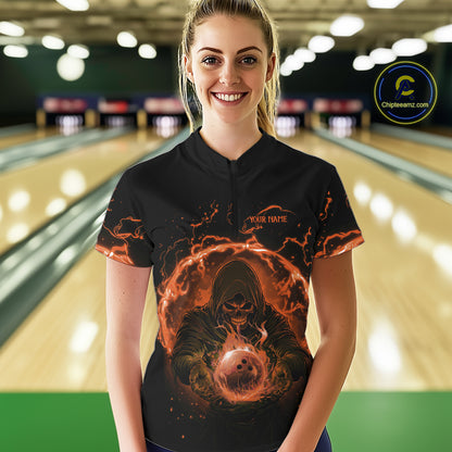 Women bowling polo, 1/4 zip shirts Custom orange flame skull bowling team jerseys, gift for Bowlers NQS10613