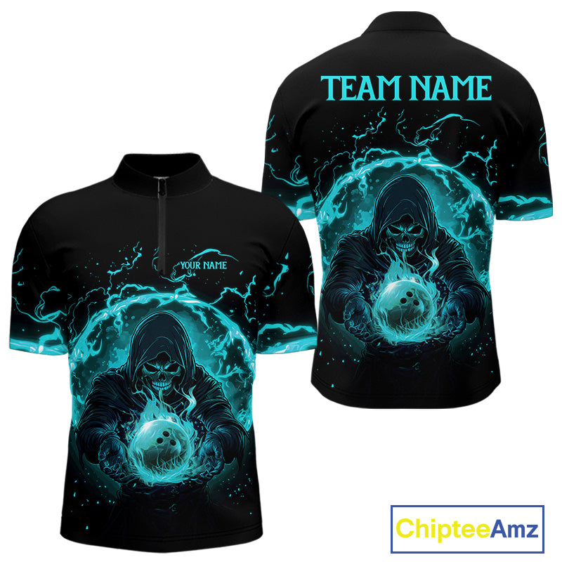 Mens bowling polo, 1/4 zip shirts Custom cyan blue flame skull bowling team jerseys, gift for Bowlers NQS10614
