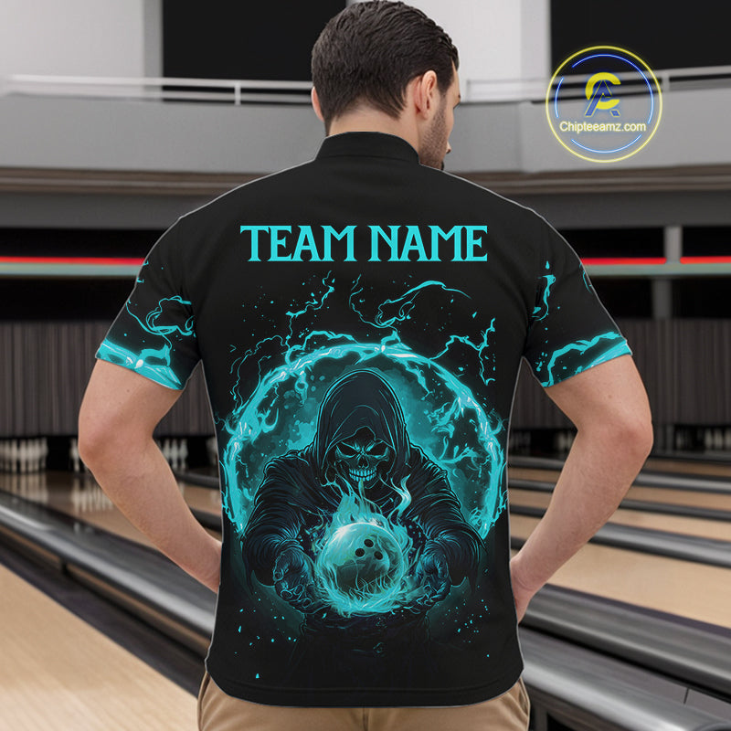 Mens bowling polo, 1/4 zip shirts Custom cyan blue flame skull bowling team jerseys, gift for Bowlers NQS10614
