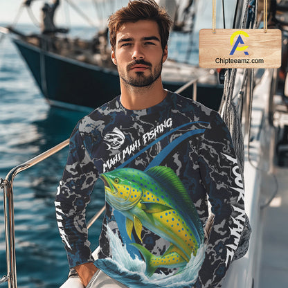 Custom Mahi Mahi Fishing Camo Long Sleeve Fishing Shirts, Personalized Mahi Mahi Fishing Team Jersey NQS10843