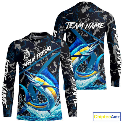 Custom Marlin Fishing Camo Long Sleeve Fishing Shirts, Personalized Marlin Fishing Team Jersey NQS10844