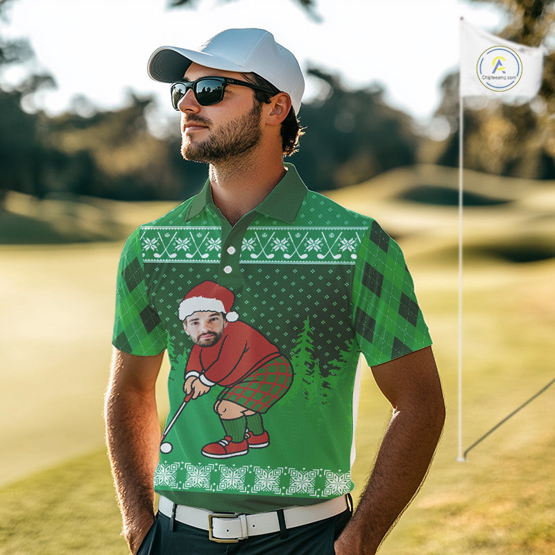 Personalized Funny Face Christmas Golf Green argyle Santa Golfer Ugly matching golf polos for couples NQS11021