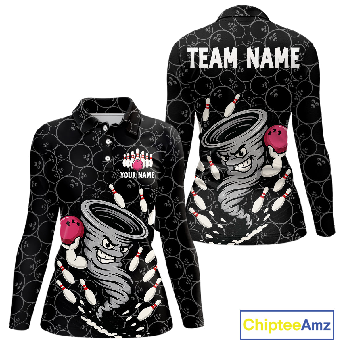 Funny storm tornado Black Camo Bowling Polo, 1/4 Zip Shirts For Women Custom Bowling Team Jerseys NQS11224