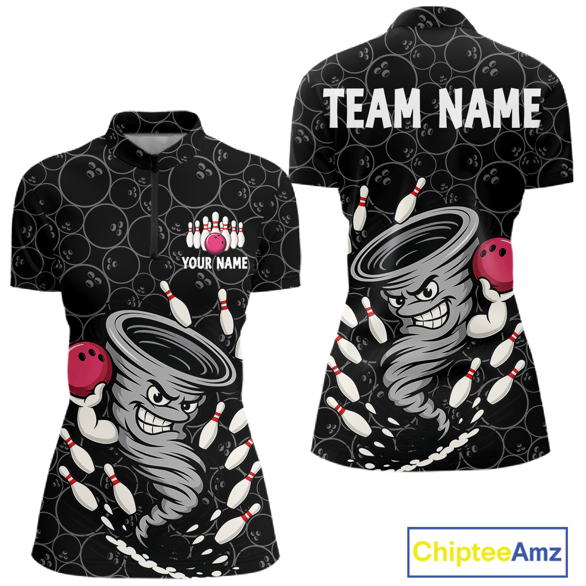 Funny storm tornado Black Camo Bowling Polo, 1/4 Zip Shirts For Women Custom Bowling Team Jerseys NQS11224
