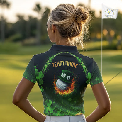 Flame golf ball green shamrock St Patrick's Day Women Golf Polo Shirt Custom lucky ladies golf attire NQS11413