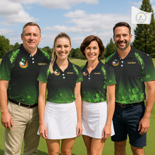 Load image into Gallery viewer, Flame golf ball green shamrock St Patrick's Day Custom couple matching men and womens golf shirts NQS11413