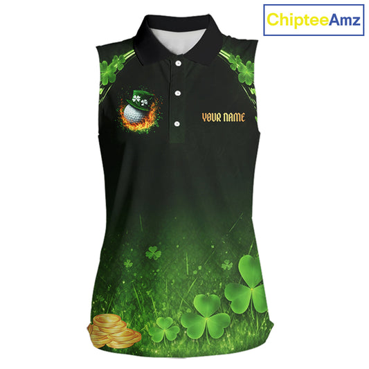 Flame golf ball green shamrock St Patrick's Day ladies sleeveless golf tops Custom lucky golf attire NQS11413