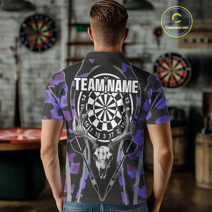 Deer Skull Darts Board Purple Camo Darts Polo, Quarter zip Shirts For Men Custom Team Darts Jersey NQS9935