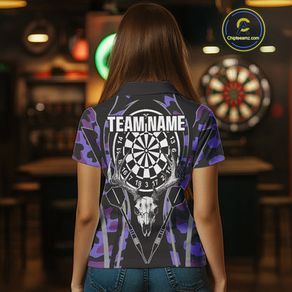 Deer Skull Darts Board Purple Camo Darts Polo, Quarter zip Shirts For Women Custom Team Darts Jersey NQS9935