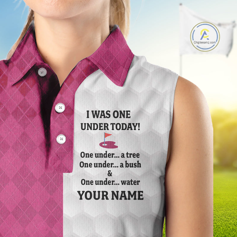 Pink white Womens Sleeveless polo shirt custom I was one under today one under a tree, a bush & water NQS10091