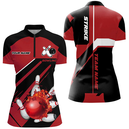 Black and red Bowling polo, quarter zip shirt for Women Custom Flame bowling ball pins uniform shirt NQS8671