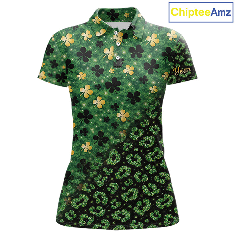 Green and Gold Clover glitter leopard St Patrick's day pattern custom shamrock Women golf polo shirts NQS11423