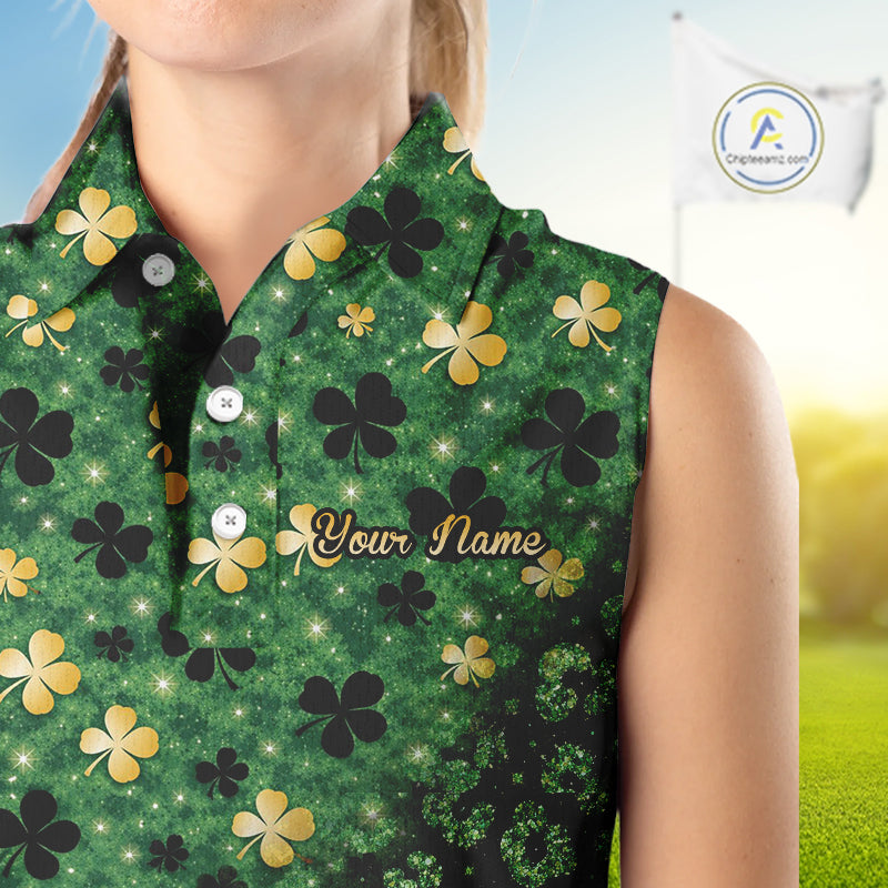 Green and Gold Clover glitter leopard St Patrick's day pattern custom ladies sleeveless golf tops NQS11423