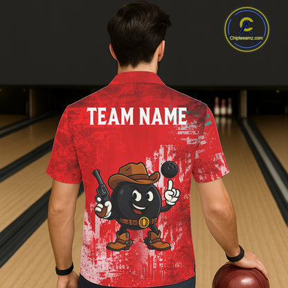 Custom Funny Cowboy Gunster Bowling Button-up Shirts, Bowling Team League Jerseys | Red NQS11625