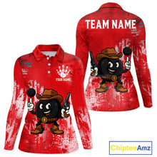 Load image into Gallery viewer, Custom Funny Cowboy Gunster Bowling Polo, 1/4 zip Shirts For Women, Bowling Team League Jerseys | Red NQS11625