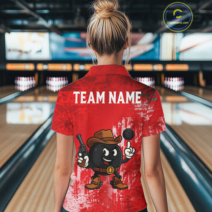 Custom Funny Cowboy Gunster Bowling Polo, 1/4 zip Shirts For Women, Bowling Team League Jerseys | Red NQS11625