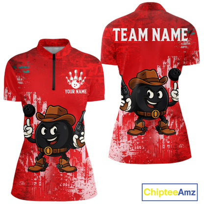 Custom Funny Cowboy Gunster Bowling Polo, 1/4 zip Shirts For Women, Bowling Team League Jerseys | Red NQS11625
