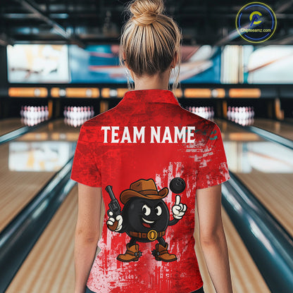 Custom Funny Cowboy Gunster Bowling Polo, 1/4 zip Shirts For Women, Bowling Team League Jerseys | Red NQS11625