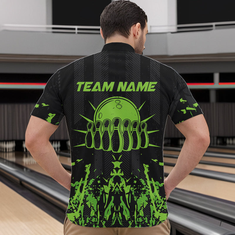 Black and Green Camo Bowling Team Shirts For Men Custom Bowling Uniform Polo, Quarter Zip Shirts NQS9665