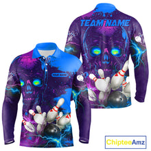 Load image into Gallery viewer, Purple and Blue Lightning Thunder Storm Skull Bowling Shirts For Men Custom Bowling Team Jerseys NQS11729