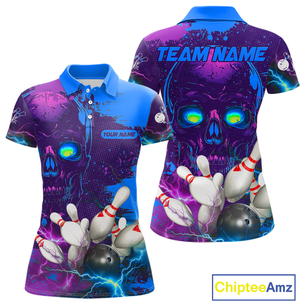 Purple and Blue Lightning Thunder Storm Skull Bowling Shirts For Women Custom Bowling Team Jerseys NQS11729