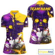 Load image into Gallery viewer, Purple and Yellow Lightning Thunder Storm Skull Bowling Shirts For Women Custom Bowling Team Jerseys NQS11730