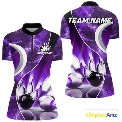 Purple Light pattern Bowling Polo, Quarter Zip shirts for Women Custom Bowling Team League Jerseys NQS9948