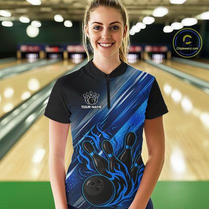 Black and Blue Flame Bowling Polo, Quarter Zip Shirt For Women Custom Team Ladies Bowling Jerseys NQS10099