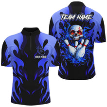 Load image into Gallery viewer, Black and Blue Flame Skull customize bowling shirts for men Team bowling jerseys gift for bowlers NQS8219