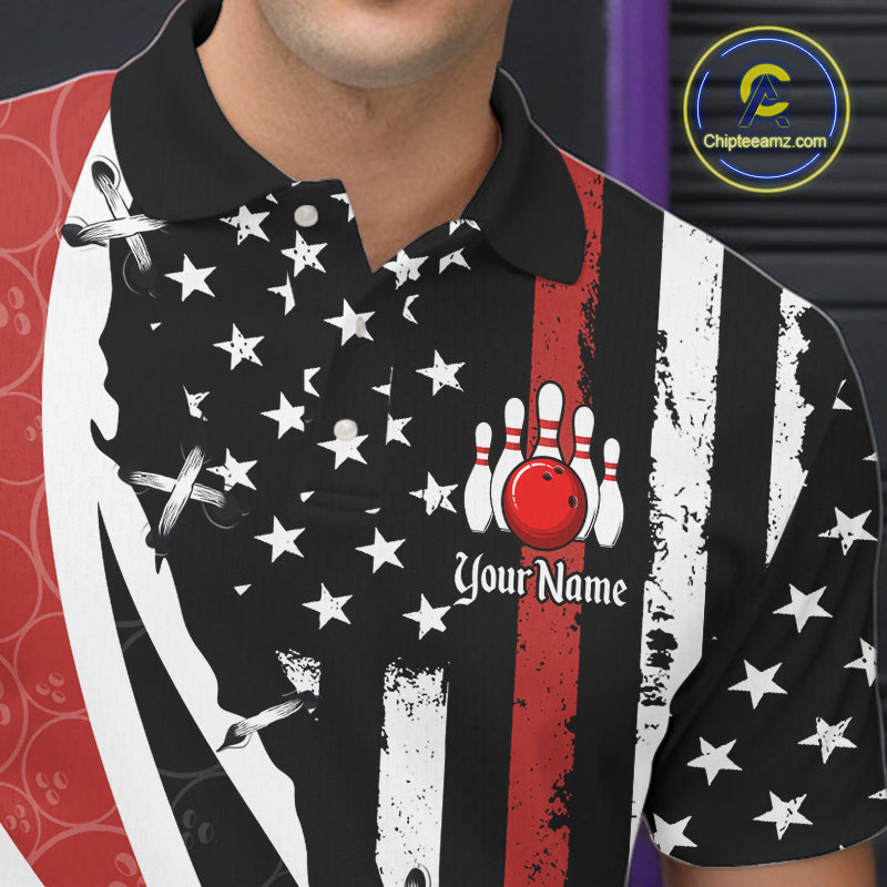 Red, White and Black American Flag Bowling Shirts for Men Custom Patriotic Team Bowling Jersey NQS10429