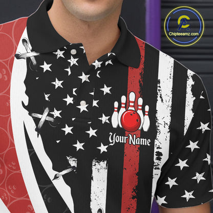 Red, White and Black American Flag Bowling Shirts for Men Custom Patriotic Team Bowling Jersey NQS10429