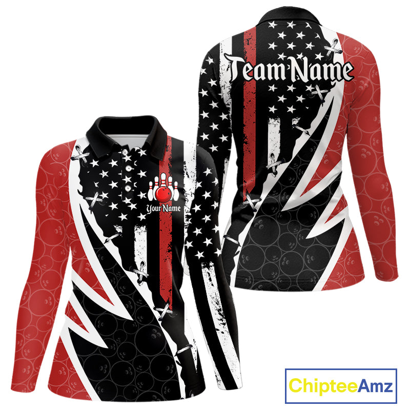 Red, White and Black American Flag Bowling Shirts for Women Custom Patriotic Team Bowling Jersey NQS10429