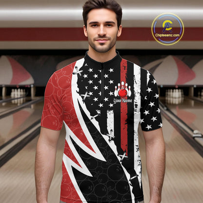 Red, White and Black American Flag Bowling Shirts for Men Custom Patriotic Team Bowling Jersey NQS10429